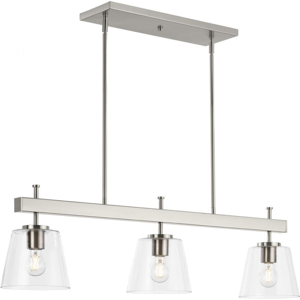 Saffert Collection Three-Light New Traditional Brushed Nickel Clear Glass Linear Island Chandelier L