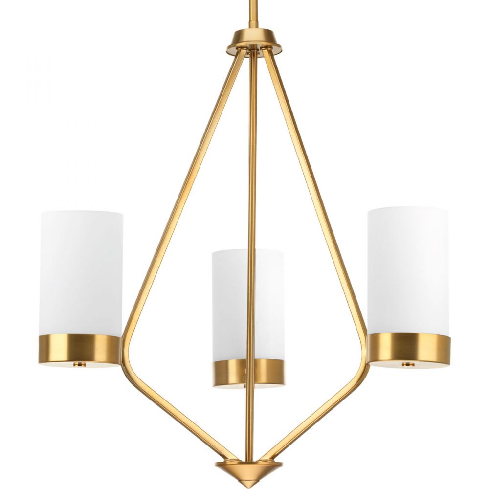 Elevate Collection Three-Light Brushed Bronze Etched White Glass Mid-Century Modern Chandelier Light