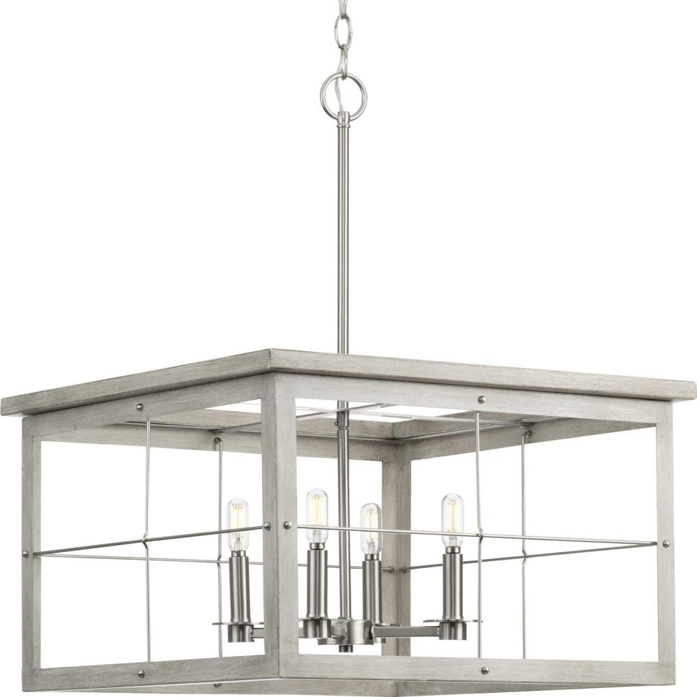 Hedgerow Collection Four-Light Brushed Nickel and Grey Washed Oak Farmhouse Style Chandelier Light