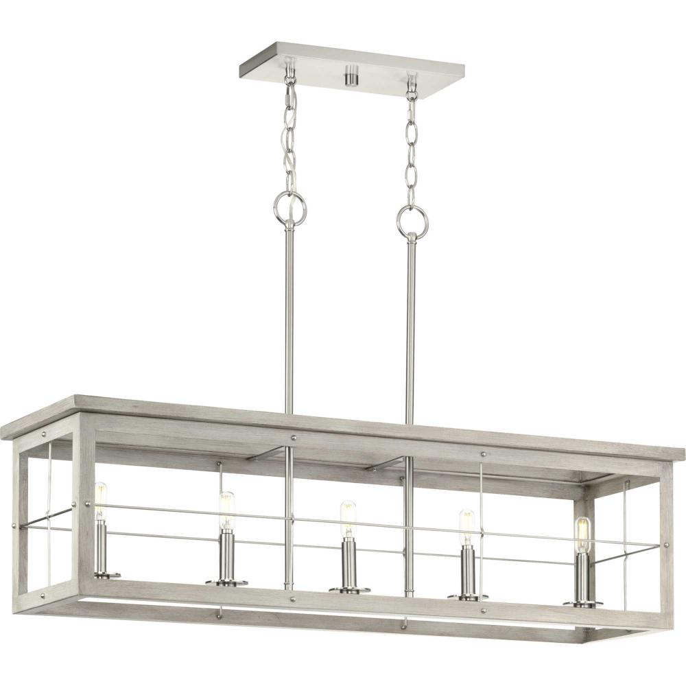 Hedgerow Collection Five-Light Brushed Nickel and Grey Washed Oak Farmhouse Style Linear Island Chan
