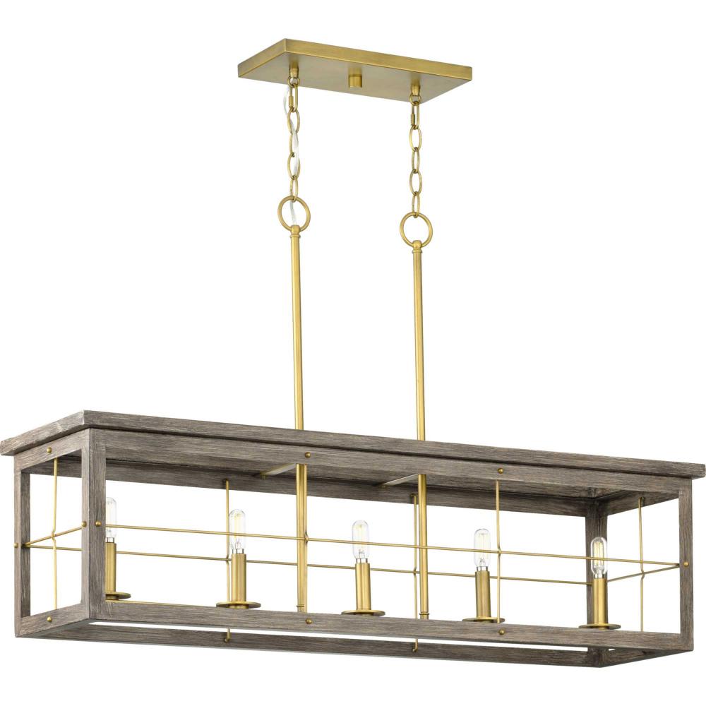 Hedgerow Collection Five-Light Distressed Brass and Aged Oak Farmhouse Style Linear Island Chandelie