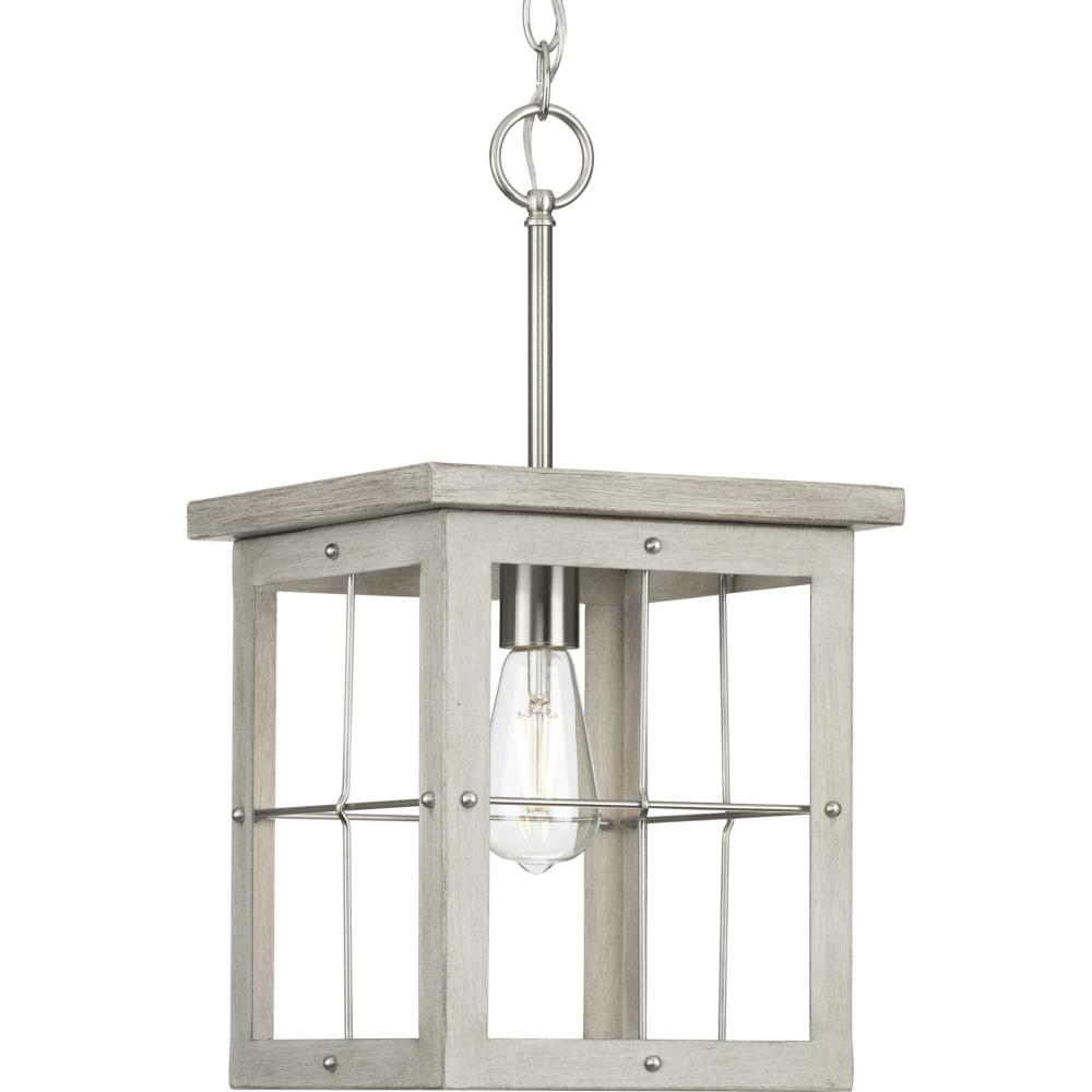 Hedgerow Collection One-Light Brushed Nickel and Grey Washed Oak Farmhouse Style Hanging Mini-Pendan