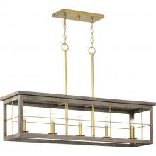 Progress P400254-175 - Hedgerow Collection Five-Light Distressed Brass and Aged Oak Farmhouse Style Linear Island Chandelie