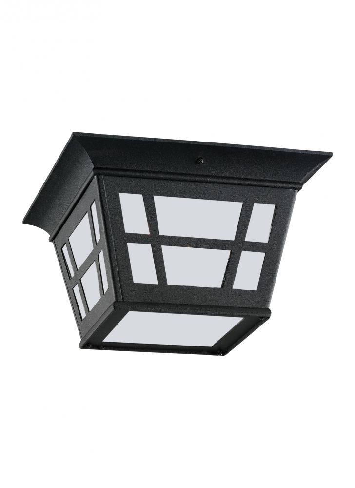 Herrington transitional 2-light outdoor exterior ceiling flush mount in black finish with etched whi