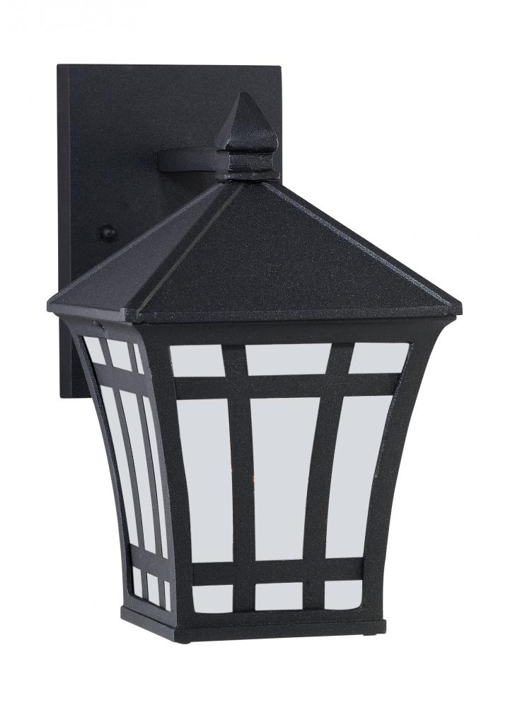 Herrington transitional 1-light outdoor exterior small wall lantern sconce in black finish with etch