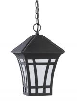 Generation Lighting 69131-12 - Herrington transitional 1-light outdoor exterior hanging ceiling pendant in black finish with etched