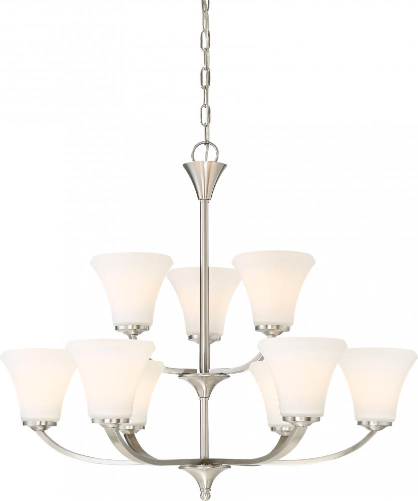 Fawn - 9 Light Chandelier with Satin White Glass - Brushed Nickel Finish