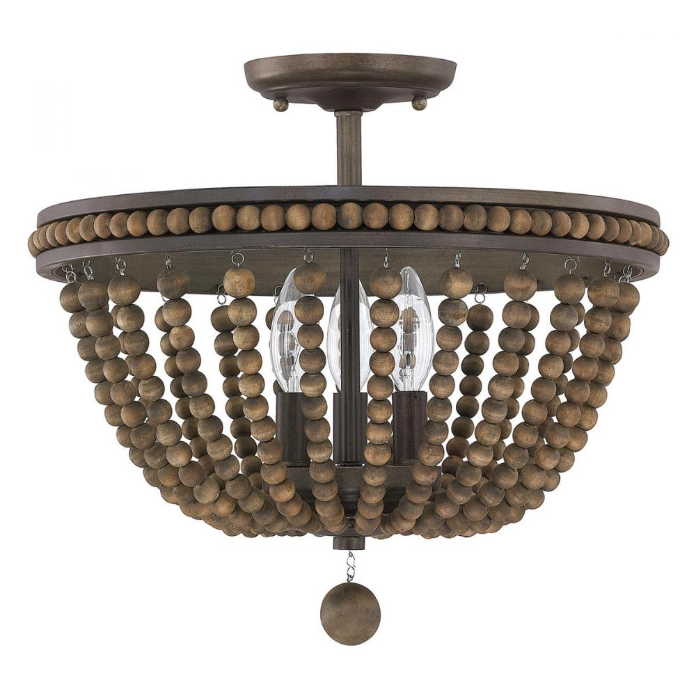 3-Light Semi-Flush Mount with Wood Beads and Finial