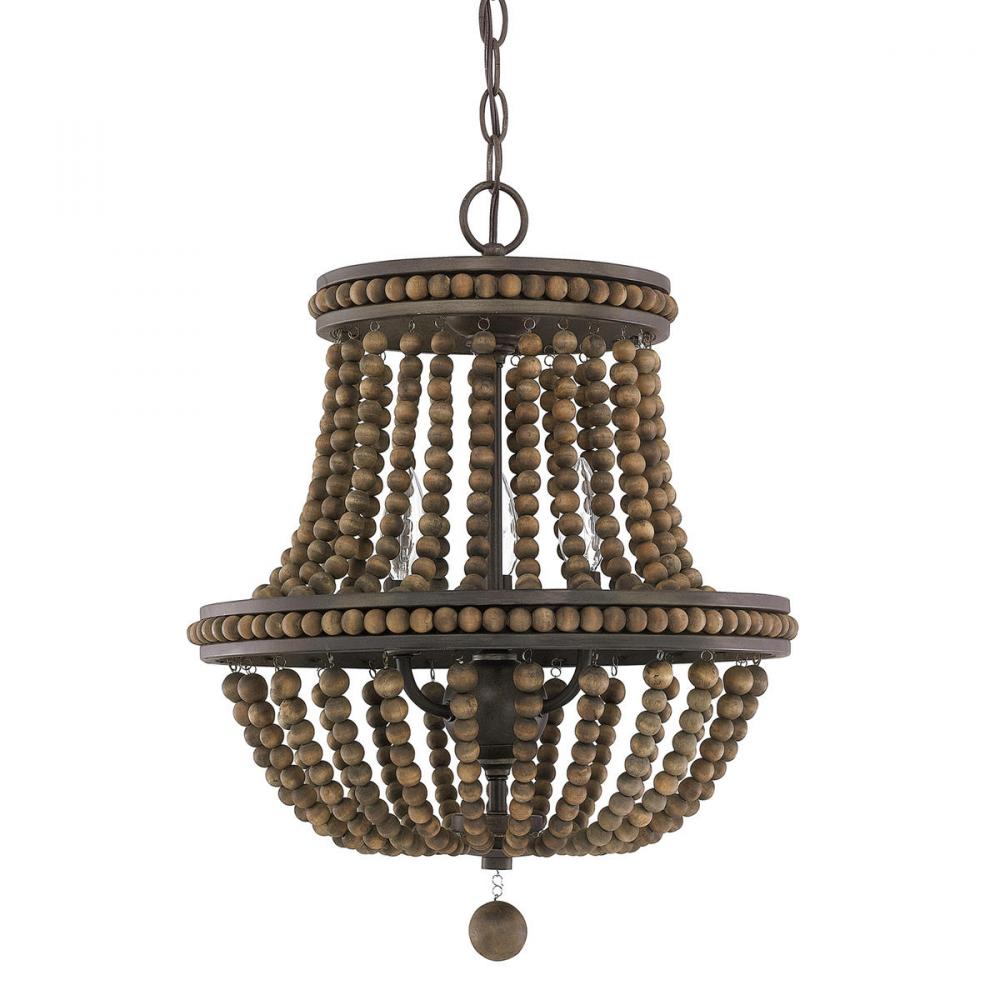 3-Light Chandelier with Wood Beads and Finial